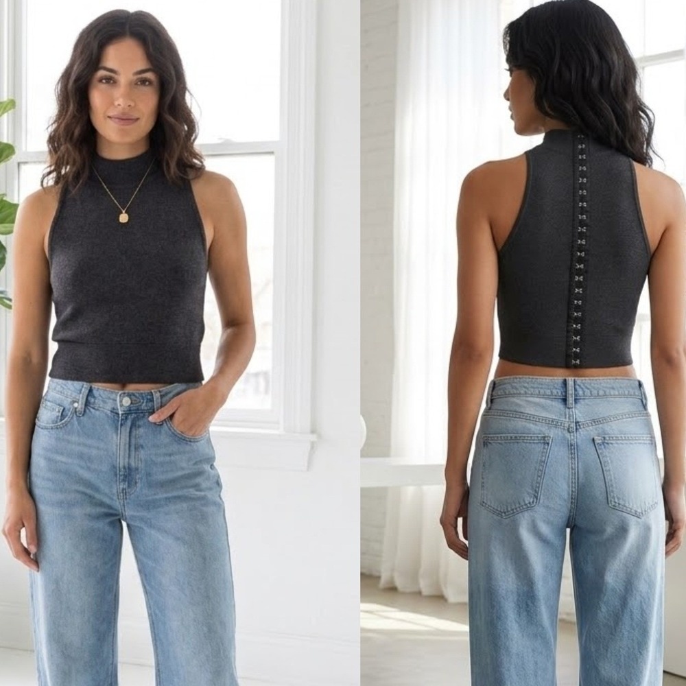 Victorias Secret‎ Crop Top Womens S Charcoal Knit Hook Eye Back High Neck 401687